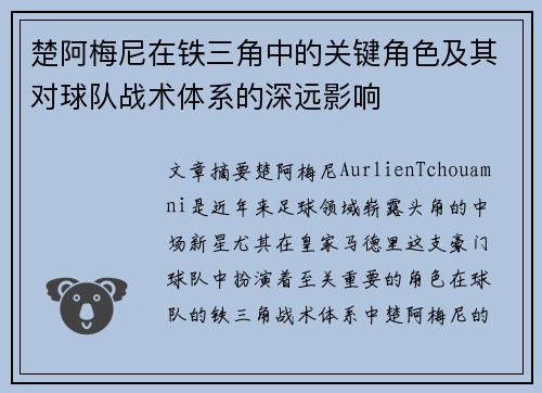 楚阿梅尼在铁三角中的关键角色及其对球队战术体系的深远影响